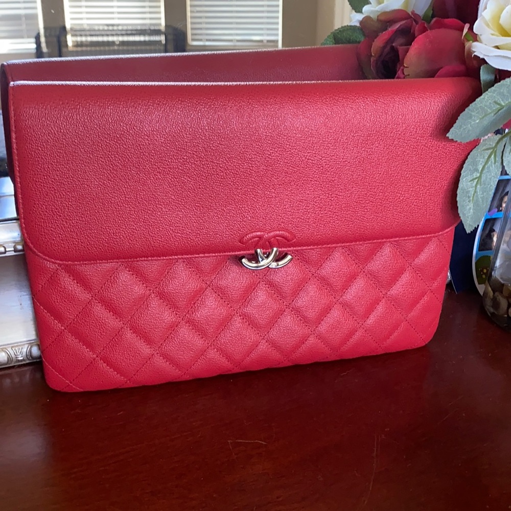 Chanel red lamb skin leather case